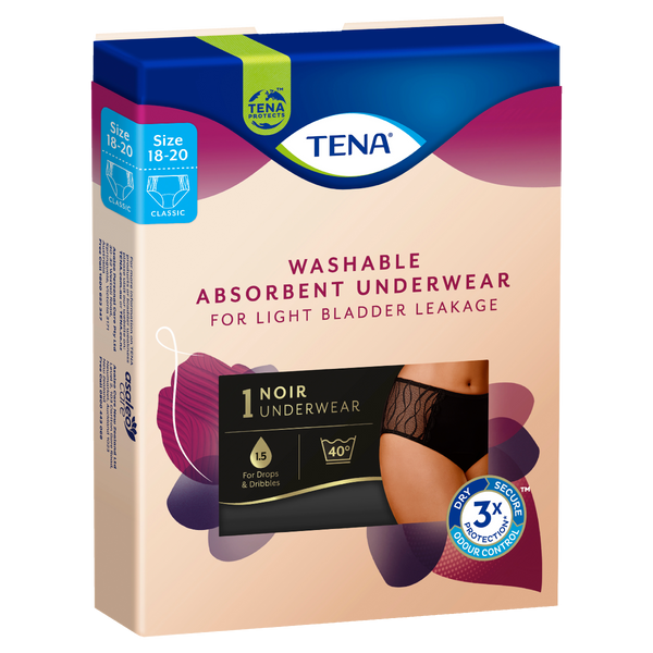TENA Women's Washable Absorbent Underwear Classic Black Size 18-20 (XL) 1 Pack