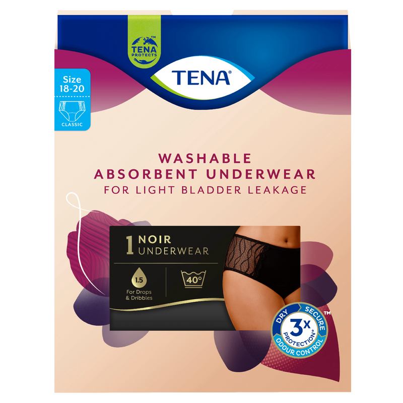 TENA Women's Washable Absorbent Underwear Classic Black Size 18-20 (XL) 1 Pack