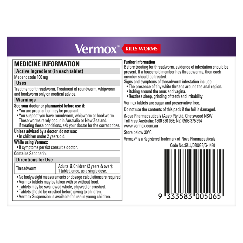 Vermox Worming Treatment Orange Tablets 6 Tablets
