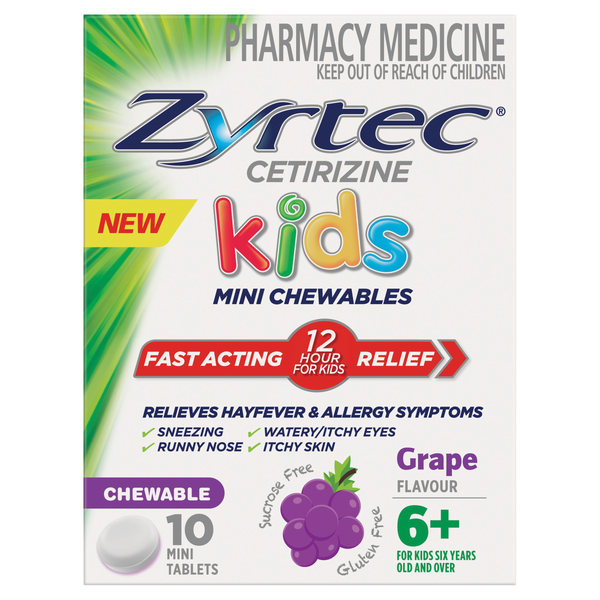 Zyrtec Kids Allergy & Hayfever Antihistamine Chewable Grape 10 Tablets