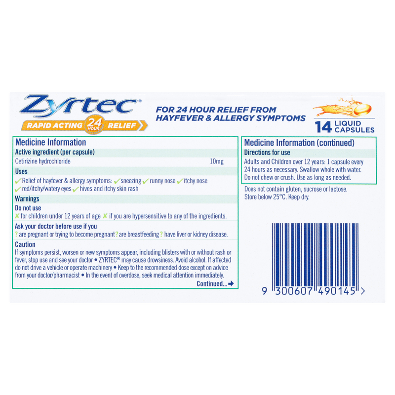 Zyrtec Rapid Acting Relief 14 Liquid Capsules