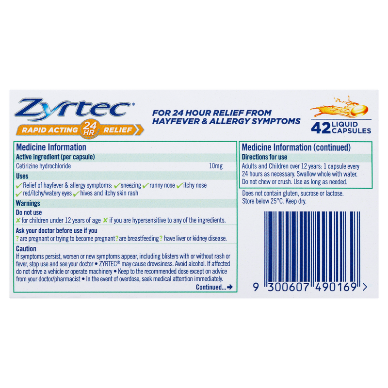 Zyrtec Rapid Acting Relief 42 Liquid Capsules