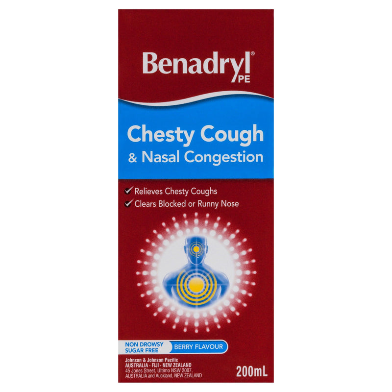 Benadryl PE Chesty Cough & Nasal Congestion Liquid Berry Flavour 200ml - Aussie Pharmacy