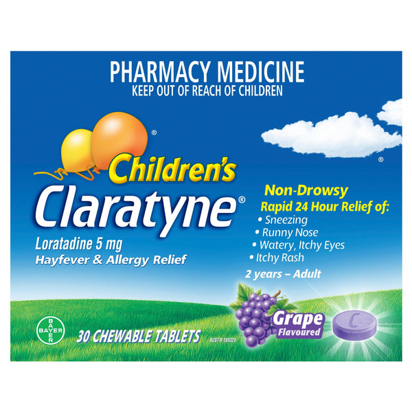 Children's Claratyne Antihistamine Hayfever & Allergy Relief  Grape Flavoured Chewable Tablets 30 - Aussie Pharmacy