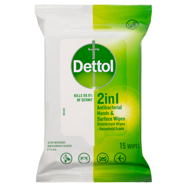 Dettol 2 in 1 Hands and Surfaces Antibacterial Wipes 15
