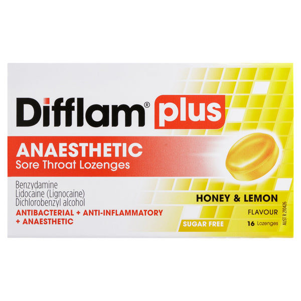 Difflam Plus Anaesthetic Sore Throat Lozenges Honey & Lemon Flavour 16