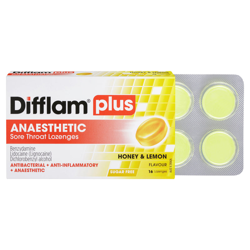 Difflam Plus Anaesthetic Sore Throat Lozenges Honey & Lemon Flavour 16