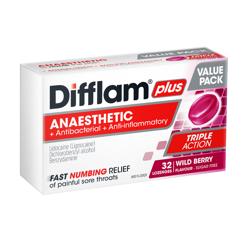 Difflam Plus Anaesthetic Triple Action Wild Berry 32 Lozenges