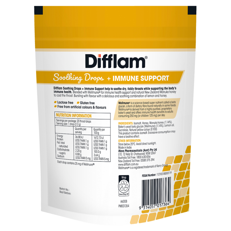 Difflam Soothing Throat Drops + Immune Support Honey & Lemon 20 Drops