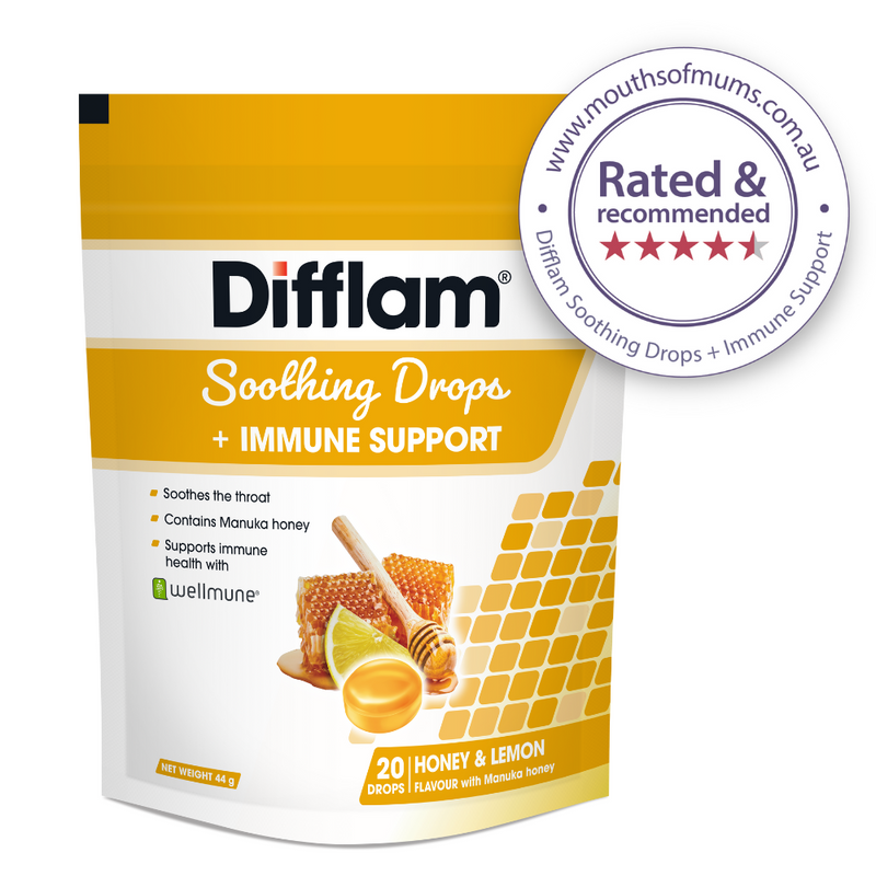 Difflam Soothing Throat Drops + Immune Support Honey & Lemon 20 Drops