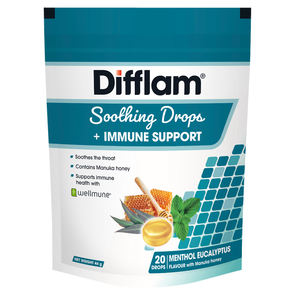 Difflam Soothing Throat Drops + Immune Support Menthol Eucalyptus 20 Drops