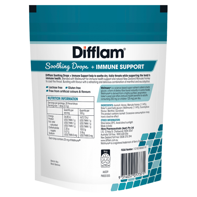 Difflam Soothing Throat Drops + Immune Support Menthol Eucalyptus 20 Drops