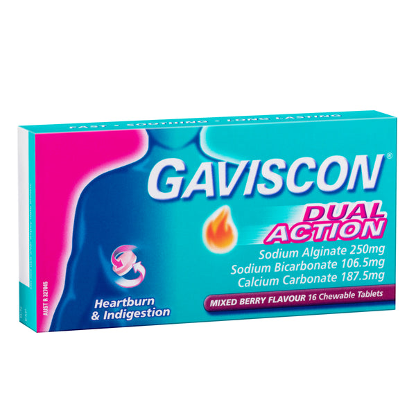 Gaviscon Dual Action Heartburn and Indigestion Relief Mixed Berry Flavour 16 Tablets