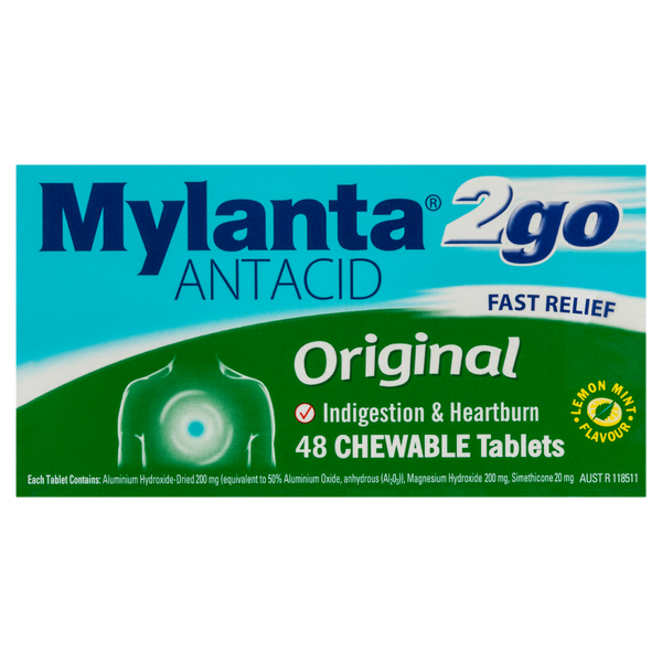 Mylanta 2Go Antacid Original Tablets Lemon Mint 48 Tablets