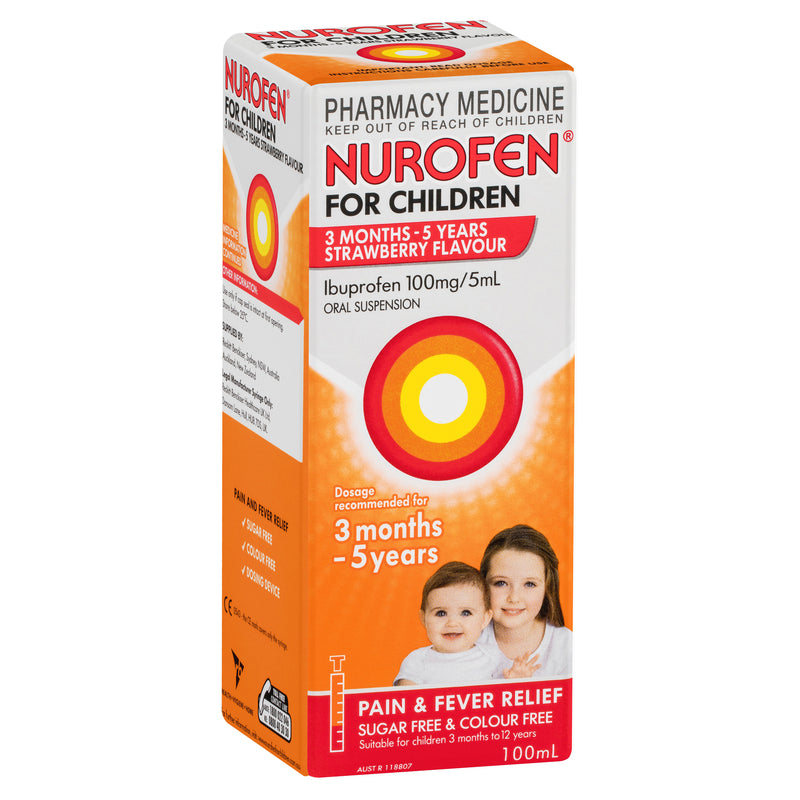 Nurofen For Children 3months - 5years Pain and Fever Relief 100mg/5mL Ibuprofen Strawberry 100mL