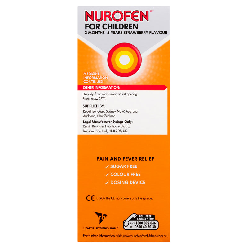 Nurofen For Children 3months - 5years Pain and Fever Relief 100mg/5mL Ibuprofen Strawberry 200mL