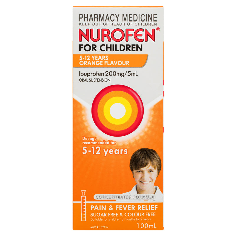 Nurofen For Children 5-12yrs Pain and Fever Relief Concentrated Liquid 200mg/5mL Ibuprofen Strawberry 100mL