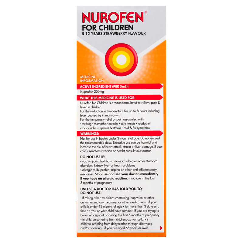 Nurofen For Children 5-12yrs Pain and Fever Relief Concentrated Liquid 200mg/5mL Ibuprofen Strawberry 200mL