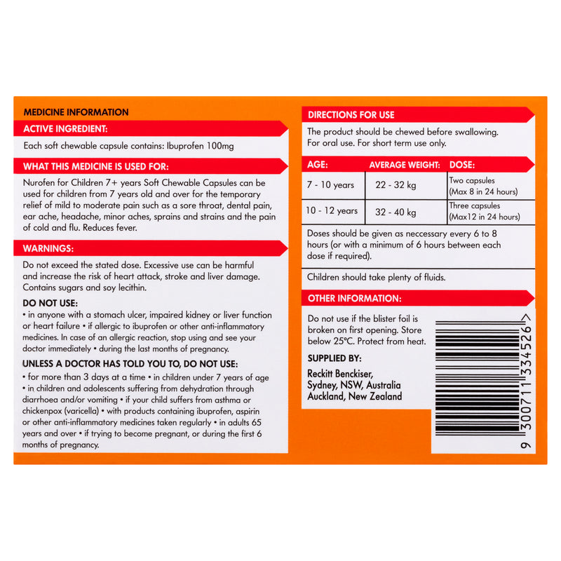 Nurofen For Children 7+ Years Orange Flavour Chewable Capsules 24