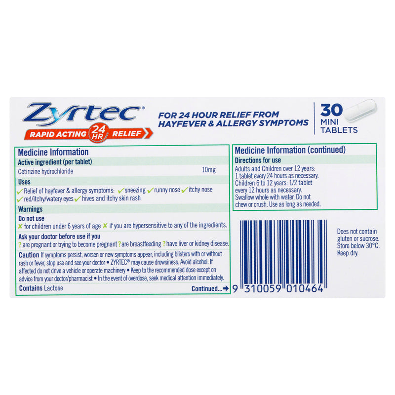 Zyrtec Rapid Acting Relief 30 Mini Tablets