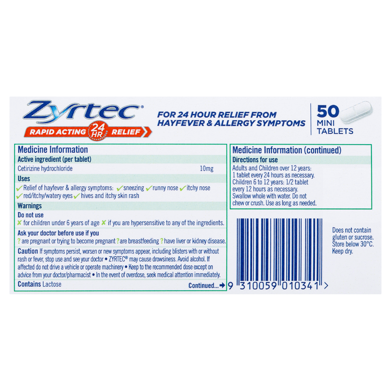 Zyrtec Rapid Acting Relief 50 Mini Tablets